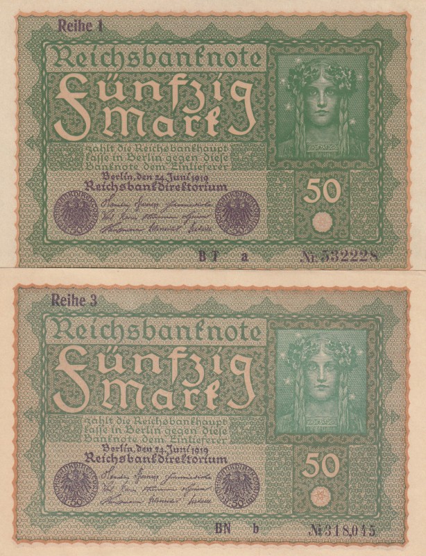 Germany, 50 Mark, 1919, UNC (-), p66, (Total 2 banknotes)
Reihe 1, Reihe 3
Ser...