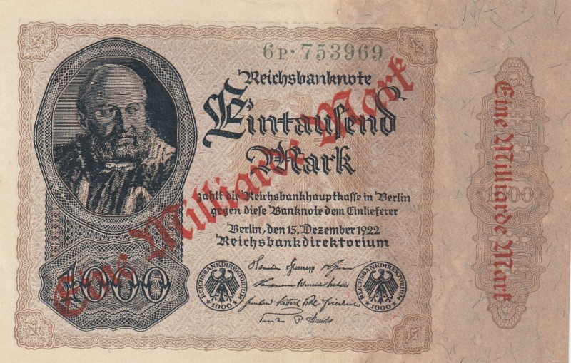 Germany, 1.000 Mark, 1922, AUNC, p82 
Serial Number: 6p.753969
Estimate: 15-30...