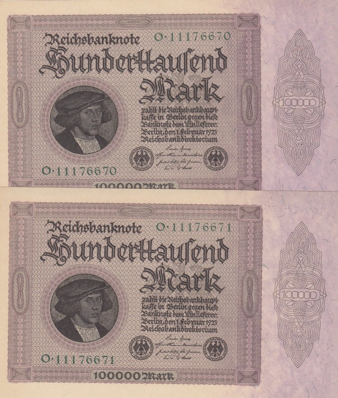 Germany, 100.000 Mark, 1923, UNC, p83, (Total 2 consecutive banknotes)
Serial N...