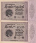Germany, 100.000 Mark, 1923, UNC, p83, (Total 2 consecutive banknotes)
Serial Number: O.11176670-71
Estimate: 50-100 USD