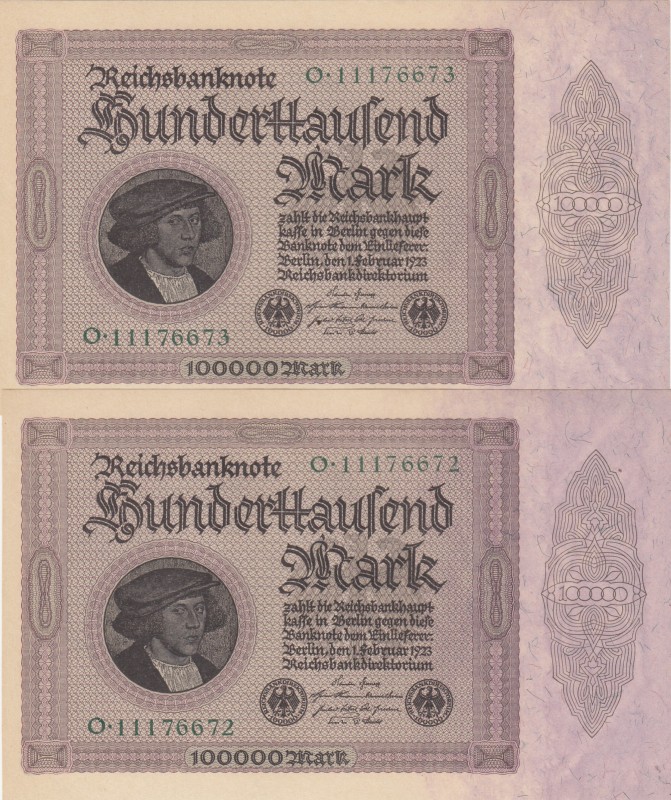 Germany, 100.000 Mark, 1923, UNC, p83, (Total 2 consecutive banknotes)
Serial N...