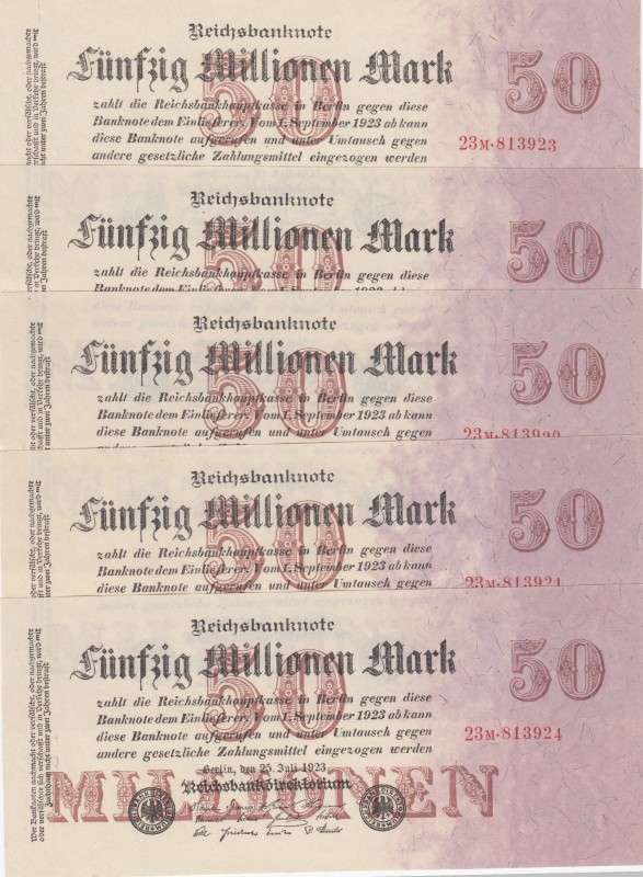 Germany, 50 Millionen Mark, 1923, UNC, p98, (Total 5 consecutive banknotes)
Ser...