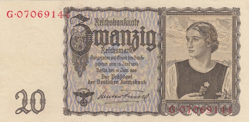 Germany, 20 Reichmark, 1939, AUNC, p186 
Serial Number: G 07069144
Estimate: 2...