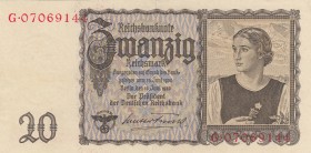 Germany, 20 Reichmark, 1939, AUNC, p186 
Serial Number: G 07069144
Estimate: 25-50 USD