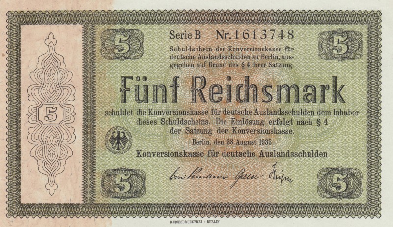 Germany, 5 Reichsmark, 1933, AUNC, p199 
Serial Number: 1613748
Estimate: 25-5...
