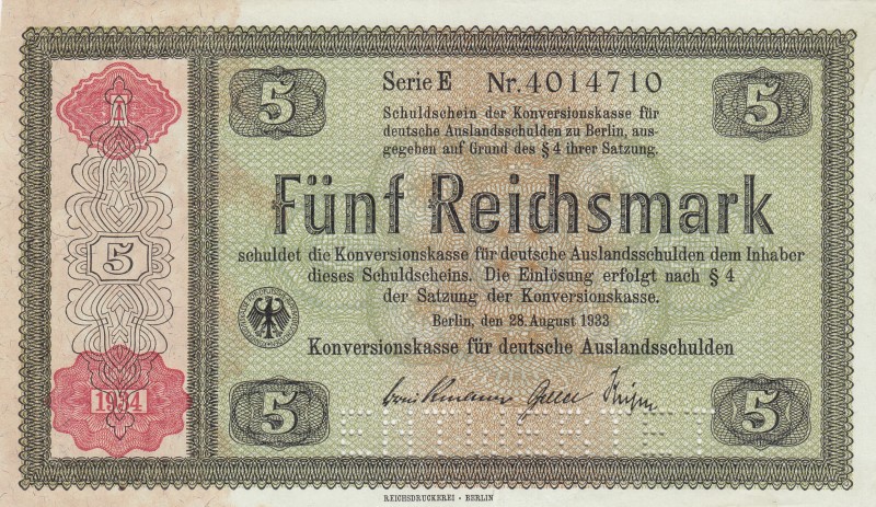 Germany, 5 Reichsmark, 1934, AUNC, p207 
Serial Number: E 4014710
Estimate: 50...