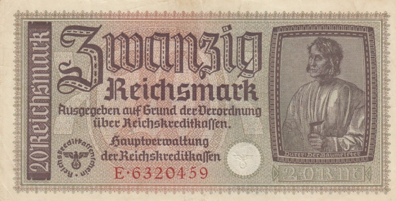 Germany, 20 Reichmark, 1939-1945, XF, pR139 
Ukrania occupation
Serial Number:...
