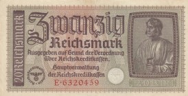 Germany, 20 Reichmark, 1939-1945, XF, pR139 
Ukrania occupation
Serial Number: E 6320459
Estimate: 25-50 USD