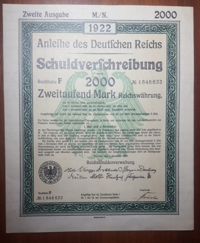 Germany, 2.000 Mark, 1922, Bond
With Cupons
Serial Number: 1 646633
Estimate:...