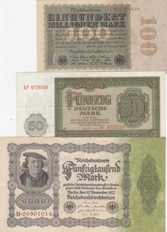Germany, 0, (Total 3 banknotes)
Germany 100 Millionen Mark, 1923, p107, XF; Ger...
