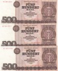 Germany - Democratic Republic, 500 Mark, 1985, UNC (-), p33, (Total 3 banknotes)
There is ripple.
Serial Number: AC 0613622, AC 0613621, AC 0613784...