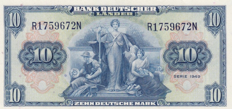 Germany - Federal Republic, 10 Deutsche Mark, 1949, AUNC, p16 
Serial Number: R...