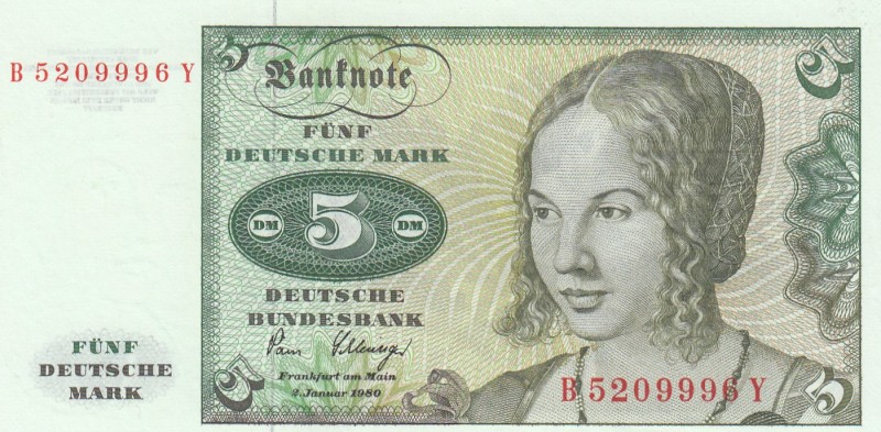 Germany - Federal Republic, 5 Mark, 1980, UNC, p30b 
Serial Number: B5209996Y
...