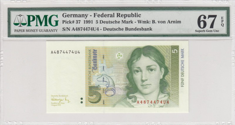 Germany - Federal Republic, 5 Deutsche Mark, 1991, UNC, p37 
PMG 67 EPQ
Serial...