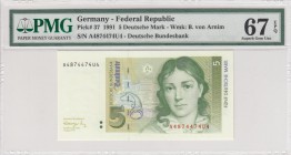 Germany - Federal Republic, 5 Deutsche Mark, 1991, UNC, p37 
PMG 67 EPQ
Serial Number: A4874474U4
Estimate: 50-100 USD