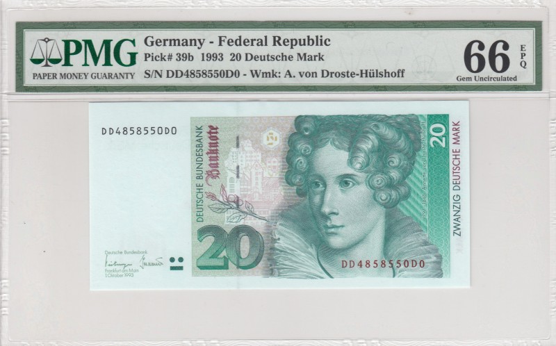 Germany - Federal Republic, 20 Deutsche Mark, 1993, UNC, p39b 
PMG 66 EPQ
Seri...