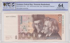Germany - Federal Republic, 1.000 Deutsche Mark, 1991, UNC, p44a 
PCGS 64
Serial Number: AD0114539Y8
Estimate: 1-3 USD