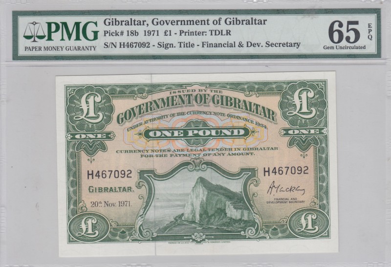 Gibraltar, 1 Pound, 1971, UNC, p18b 
PMG 65 EPQ
Serial Number: H467092
Estima...