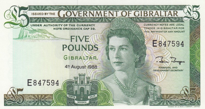 Gibraltar, 5 Pounds, 1988, UNC, p21b 
Queen Elizabeth II potrait. 
Serial Numb...
