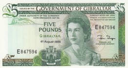 Gibraltar, 5 Pounds, 1988, UNC, p21b 
Queen Elizabeth II potrait. 
Serial Number: E847594
Estimate: 40-80 USD