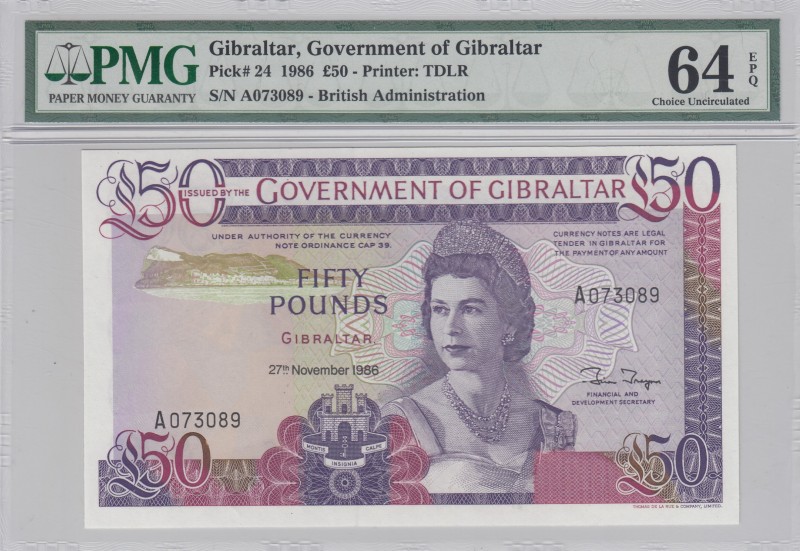 Gibraltar, 50 Pounds, 1986, UNC, p24 
PMG 64 EPQ
Serial Number: A073089
Estim...