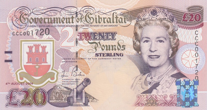 Gibraltar, 20 Pounds, 2004, UNC, p31 
Serial Number: CCC 001720
Estimate: 60-2...