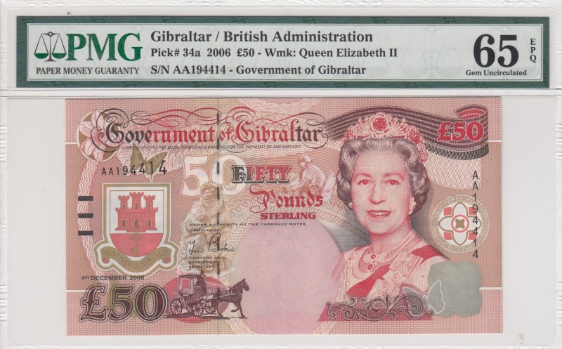 Gibraltar, 50 Pounds, 2006, UNC, p34a 
PMG 65 EPQ
Serial Number: AA194414
Est...