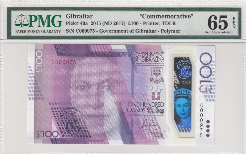 Gibraltar, 100 Pounds, 2015, UNC, p40a 
Low Serial number, PMG 65 EPQ
Serial N...