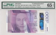 Gibraltar, 100 Pounds, 2015, UNC, p40a 
Low Serial number, PMG 65 EPQ
Serial Number: C000975
Estimate: 200-400 USD