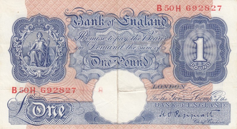 Great Britain, 1 Pound, 1940, XF, p367 
Serial Number: B 50 H 692827
Estimate:...