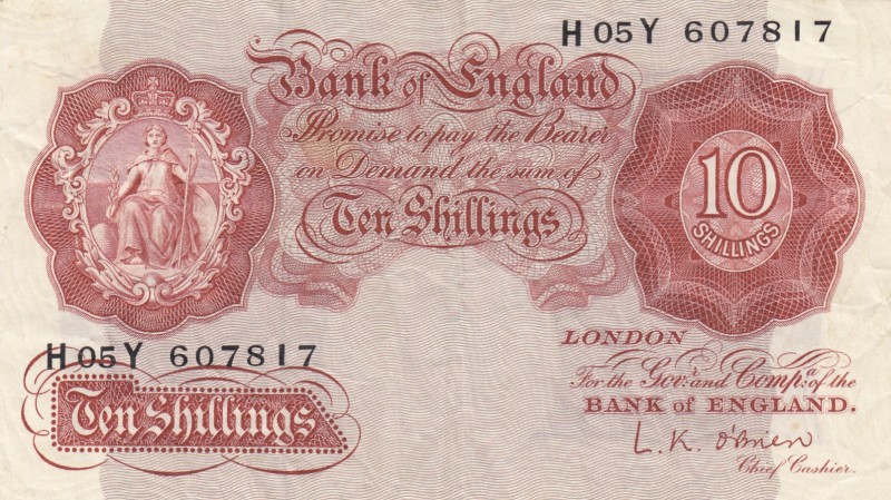 Great Britain, 10 Shillings, p368c, VF, p368c 
Serial Number: H05 Y 607817
Est...