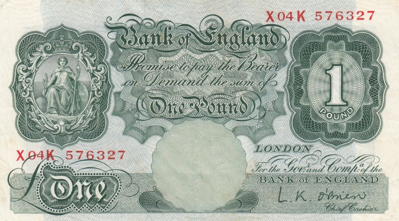 Great Britain, 1 Pound, 1955, VF, P369C 
Serial Number: X 04 K 576327
Estimate...