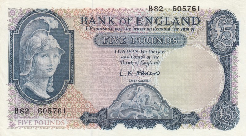 Great Britain, 5 Pounds, 1957/1961, XF, p371a 
Serial Number: B82 605761
Estim...