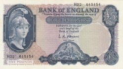 Great Britain, 5 Pounds, 1961, AUNC, p372 
Serial Number: H22 615154
Estimate: 50-100 USD