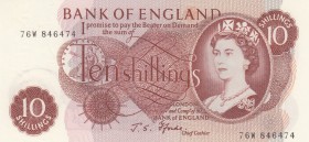 Great Britain, 10 Shillings, 1966-1970, UNC, p374e 
Queen Elizabeth II potrait. 
Serial Number: 76W846474
Estimate: 25-50 USD