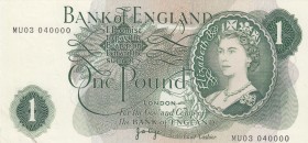 Great Britain, 1 Pound, 1970, AUNC, p374g 
Portrait of Queen Elizabeth II, Nice serial number.
Serial Number: MU03 040000
Estimate: 15-30 USD