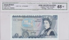 Great Britain, 5 Pounds, 1971/1972, UNC, p378a 
Portrait of Queen Elizabeth II
Serial Number: AI2 790583
Estimate: 60-120 USD