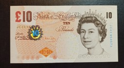 Great Britain, 10 Pounds, 2004, UNC (-), p389c 
Queen Elizabeth II potrait. 
Serial Number: JC43954573
Estimate: 25-50 USD