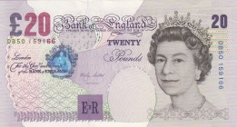 Great Britain, 20 Pounds, 1999-2003, UNC, p390a 
Queen Elizabeth II potrait. 
Serial Number: DB50 159166
Estimate: 50-100 USD