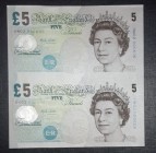 Great Britain, 5 Pounds, 2002, UNC, p391b 
 Uncut 2-block, Portrait of Queen Elizabeth II
Estimate: 30-60 USD