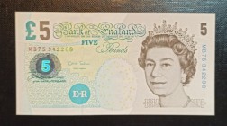 Great Britain, 5 Pounds, 2012, UNC, p391d 
Queen Elizabeth II potrait. 
Serial Number: MB75 342208
Estimate: 25-50 USD