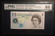 Great Britain, 5 Pounds, 2012, UNC, p391d 
PMG 64 EPQ
Serial Number: LH13 461787
Estimate: 35-70 USD