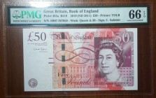 Great Britain, 50 Pounds, 2011, UNC, p393a 
PMG 66 EPQ
Serial Number: AB07 307059
Estimate: 100-200 USD