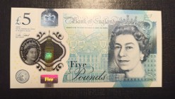 Great Britain, 5 Pounds, 2015, UNC, p394 
Polymer plastics banknotes.
Serial Number: AK36 360818
Estimate: 15-30 USD