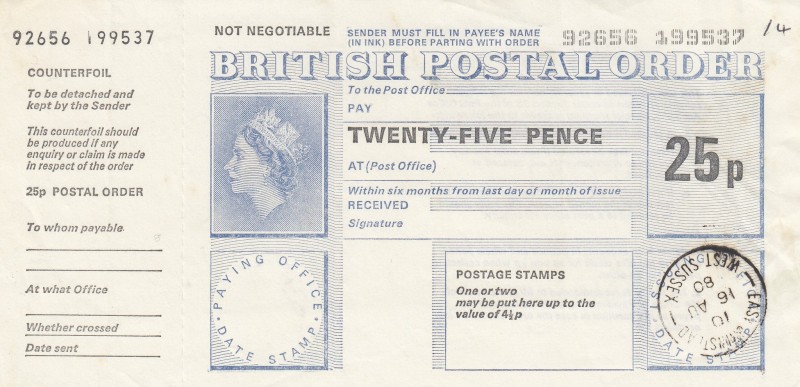 Great Britain, 25 Cent, 1980, UNC, Postal Order
British Postal Order
Estimate:...