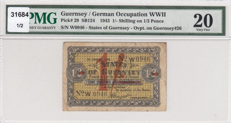 Guernsey, 1 Shillings, 1943, VF, p29 
1 Sillings on 1/3 Pence, PMG 20
Serial N...