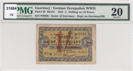 Guernsey, 1 Shillings, 1943, VF, p29 
1 Sillings on 1/3 Pence, PMG 20
Serial Number: W0946
Estimate: 150-300 USD