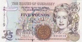 Guernsey, 5 Pounds, 1996, UNC, p56b 
Queen Elizabeth II potrait. 
Serial Number: D313119
Estimate: 40-80 USD