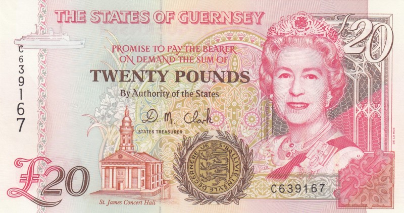 Guernsey, 20 Pounds, 1996, UNC, p58b 
Queen Elizabeth II potrait. 
Serial Numb...