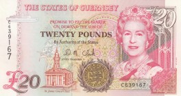 Guernsey, 20 Pounds, 1996, UNC, p58b 
Queen Elizabeth II potrait. 
Serial Number: C639167
Estimate: 80-160 USD